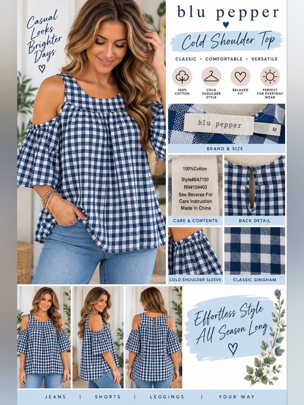 Blu Pepper Navy and White Gingham Cold Shoulder Top